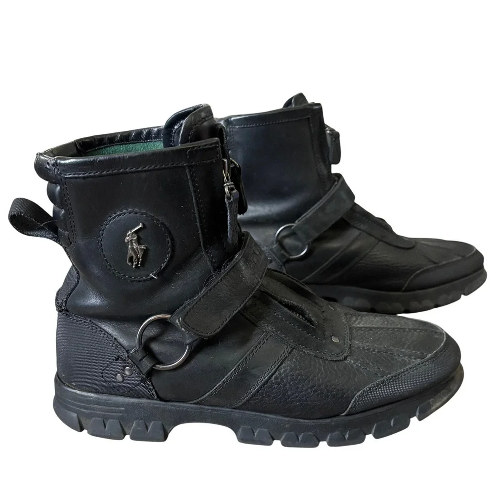 Polo Ralph Lauren Conquest Hi III Boots Sz‎ 9.5 D Black Leather Moto Biker